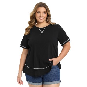 Women's Plus Size Knit Loose Crew Neck Short Sleeve Summer Casual T-Shirts - GRACE & GRANDEUR - 1 of 4