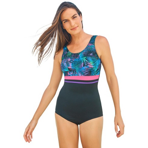 Swim 365 Women's Plus Size Empire-Waist Swimsuit with Molded Bra, 26 -  Vivid Palm