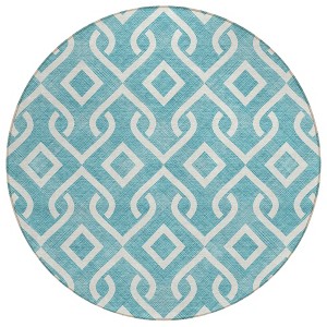 Teal Blue And Ivory Geometric Washable Indoor Outdoor Area Rug - 1 of 4