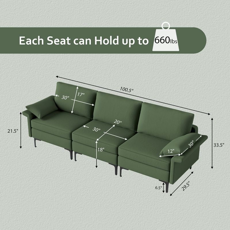 Costway Modern Modular Fabric 3-Seat Sofa Couch w/ Socket USB Ports & Metal Legs Red\Green, 3 of 10