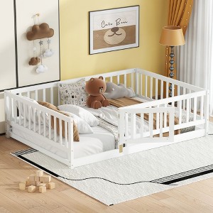 CAVINAS Twin/Full Size Floor Bed,Toddler Floor Bed with Fence and Door,Montessori Floor Bed for Kids,Girls,Boys,Wood Slats Support - 1 of 4
