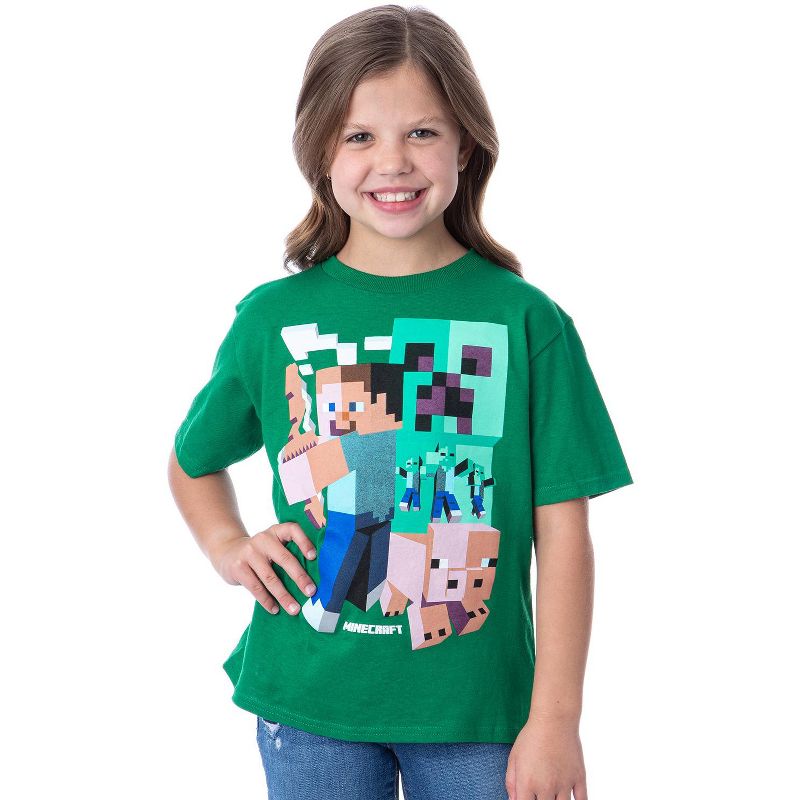 Minecraft Big Boy's T-Shirt Steve Pickaxe Pig Zombies Graphic Green, 4 of 5