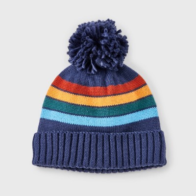 Hand knit navy sold blue & red reversible multi-stripe beanie