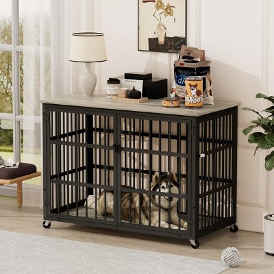 LAOTIES Wooden Dog Crate with Wrought Iron Frame,Side And Top Openings,Indoor Kennel with Lockable Wheels (43.3'' W x 29.9'' D x 33.5'' H)