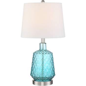 360 Lighting Ronald Modern Coastal Accent Table Lamp 22" High Blue Textured Glass Nickel Pole White Drum Shade for Bedroom Living Room Nightstand