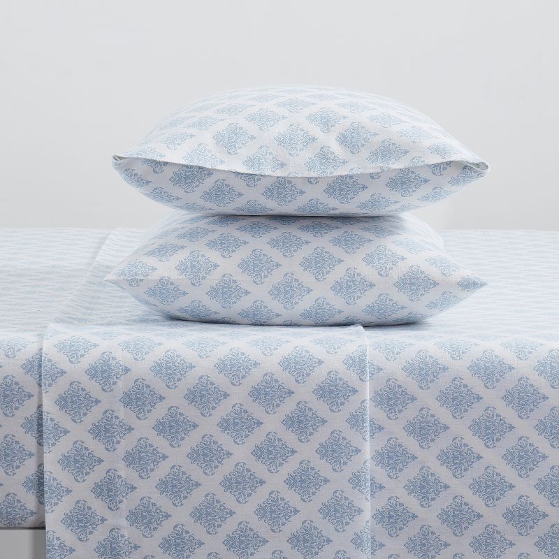 Kate Aurora Cozy Bed Collection 100% Cotton Flannel Winter Damask Blue & White 4 Piece Sheet Set, 2 of 4