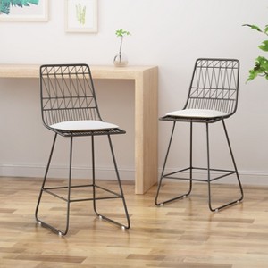 CAVINAS Outdoor Counter Stools with Cushions,Woven Wire Metal Bar Stools,Modern Accent Chairs with Footrest,Water Resistant Cushion - 1 of 4