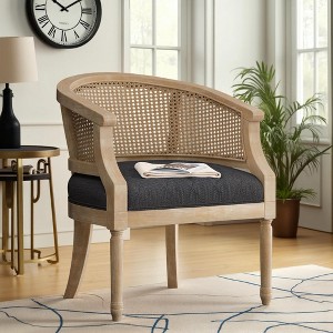 French Country Style Accent Chair Solid Rubberwood Frame with Cane Webbing & Upholstered Seat - 1 of 4