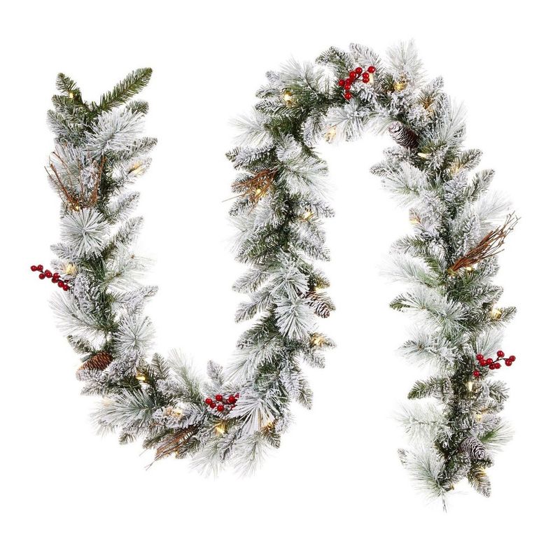 Noma 24 Inch Pre-Lit Frosted Fir Artificial Wreath & 9 Foot Snow Dusted Berry Garland Holiday Mantle Decor with Warm White LED Lights, Green, 3 of 7