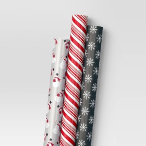30" 3pk 180 sq ft Christmas Wrap Pack Snowman/Candy Stripes/Snowflakes - Wondershop™ - 1 of 3