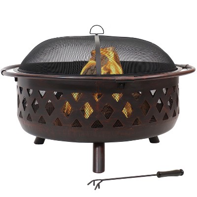 Sunnydaze Outdoor Camping or Backyard Crossweave Cut Out Fire Pit with Spark Screen, Log Poker, and Metal Wood Grate - 36" - Bronze