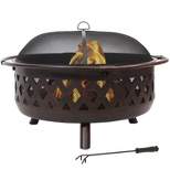 Sunnydaze Outdoor Camping or Backyard Crossweave Cut Out Fire Pit with Spark Screen, Log Poker, and Metal Wood Grate - Bronze
