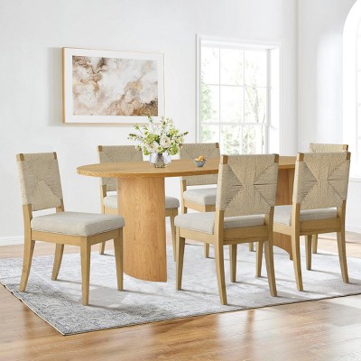 7-Piece Dining Table Set, 79'' Wood-Look Oval Table and 6 Paper Cord Back Chairs for Modern Kitchen or Dining Room-Maison Boucle