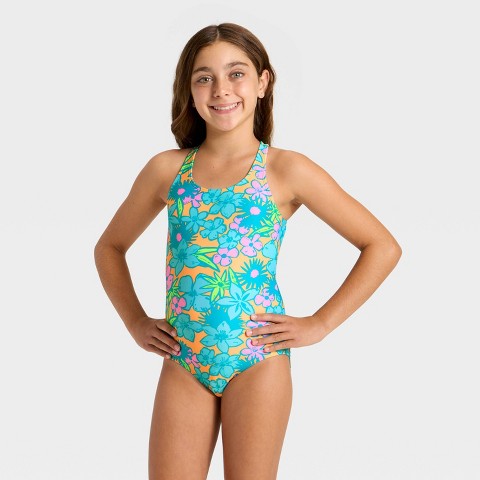 Детские купальники Cat & Jack Girls' Floral One Piece Swimsuit - Cat & Jack™ Orange/Teal/Lime M
