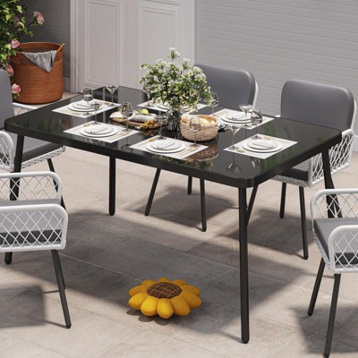 59" Tempered Glass Patio Dining Table with Metal Frame, 4-6 Person Rectangular Table