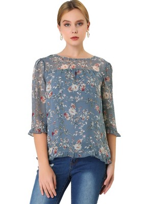 INSPIRE CHIC Women's Round Neck Ruffle 3/4 Sleeve Floral Print Chiffon Blouse