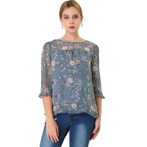 INSPIRE CHIC Women's Round Neck Ruffle 3/4 Sleeve Floral Print Chiffon Blouse - 1 of 4