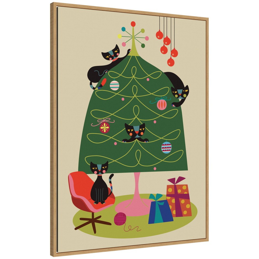 Photos - Other Decoration Kate & Laurel All Things Decor Sylvie Framed Canvas Retro Cats and Christmas Tree by Rachel Lee
