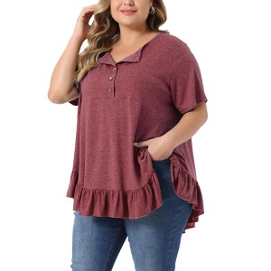 Agnes Orinda Women's Plus Size V-Neck Button-up Short Sleeve Ruffled Hem T-Shirts - 1 of 4