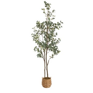 Kate and Laurel Eudora Faux Eucalyptus Tree with Livia Woven Basket, 8 FT, Natural Water Hyacinth - 1 of 4