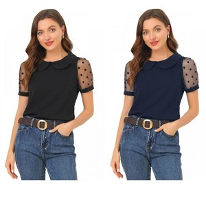 Allegra K Women's Vintage Peter Pan Collar Puff Polka Dots Mesh Short Sleeve Blouse 2 Packs - 1 of 4