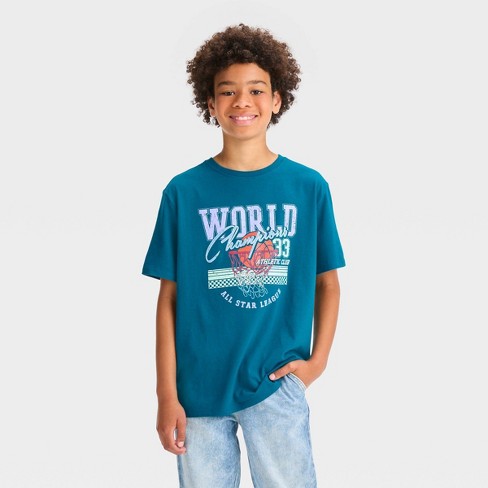 Boys' Basketball World Champion Short Sleeve Graphic T-Shirt - art class™  Teal Blue XXL