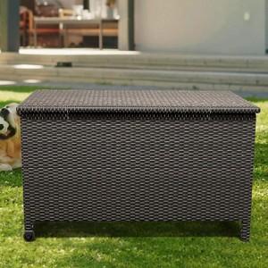 Outdoor Garden Deck Box, PE Rattan Wicker Patio Large Storage Box with Handles and Wheels, 110 Gallon, for Patio Furniture, Garden Tools, Brown - 1 of 4