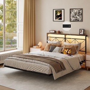 Hausource Floating Bed Frame with LED, Storage Headboard, Charging Station, No Box Spring Needed - 1 of 4