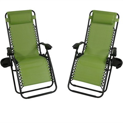 Sunnydaze Folding Fade-Resistant Outdoor Zero Gravity Lounge Chair with Pillow and Cup Holder - Green - 2-Pack