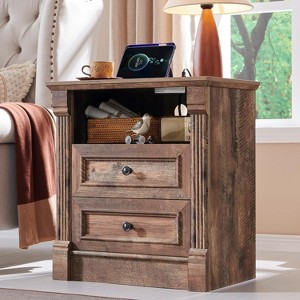SinCiDo 26" H Farmhouse Nightstand w/ Charging Station 23.6" W Rustic End Table Roman Column,Open Shelf,2 Drawers & Metal Handles - 1 of 4