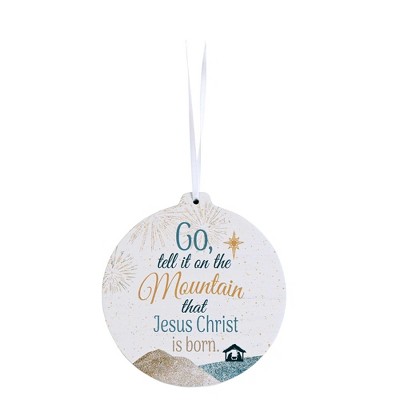 Dicksons Go Tell It On The Mountain White and Gold Tone 4 Inch Wood Hanging Christmas Ornament