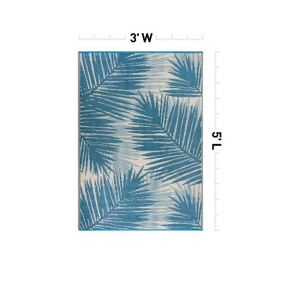 Blue Tropical Floral Reversible Synthetic Indoor/Outdoor Rug 3' x 5'