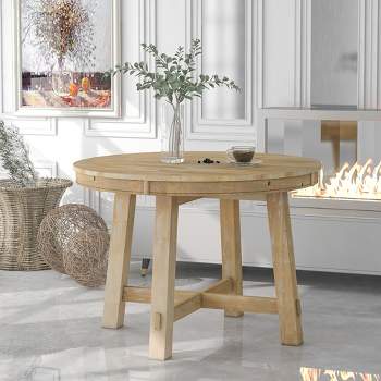 Farmhouse Round Extendable Dining Table with 16" Leaf Wood Kitchen Table - ModernLuxe