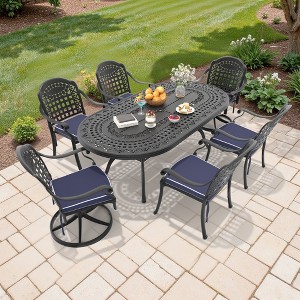 7-Piece Cast Aluminum Patio Dining Set with Oval Table, 2 swivel chairs and 4 fixed dining chairs, Blue Cushions and Umbrella Hole - 1 of 4