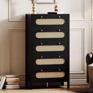 47 Inch Tall Boho Chest of Drawers with Golden Handles And Ajustable Feet Rattan 5 Drawer Dresser Wood Storage - 1 of 1