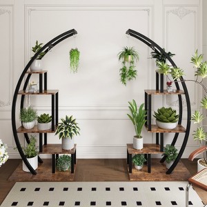 5-tier metal indoor plant rack, crescent-shaped, with 4 hooks, suitable for family patios, gardens, and living rooms (2-pack). - 1 of 4