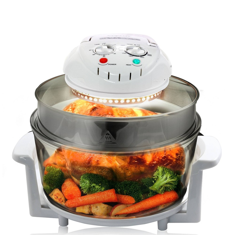 MegaChef Multipurpose Air Fryer Oven - White: 1500W Halogen Rotisserie, 96 Volume Capacity, Locking Lid, Fry Basket Included
