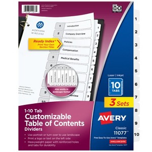 Avery Dividers for 3 Ring Binders, 10 Tabs per Set, Customizable Table of Contents, Classic White Tabs (3 Sets of 11077) - 1 of 4