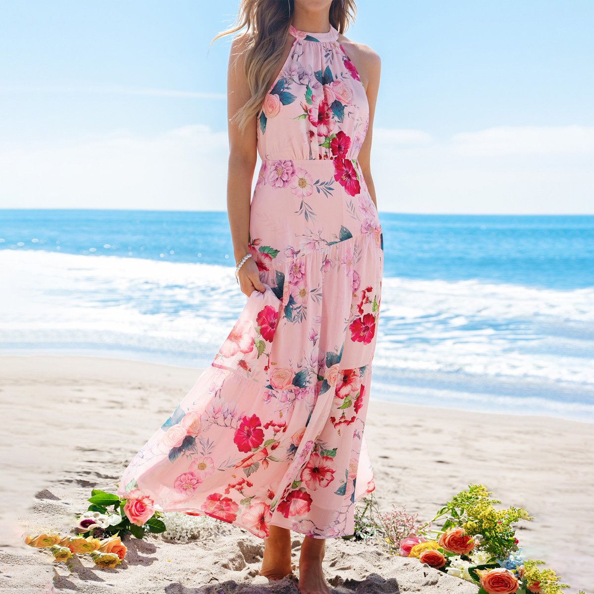 Женские платья Cupshe Women's Floral Halter Neck Tiered Ruffle Maxi Wedding Guest Dress-L-Pink — фото 5