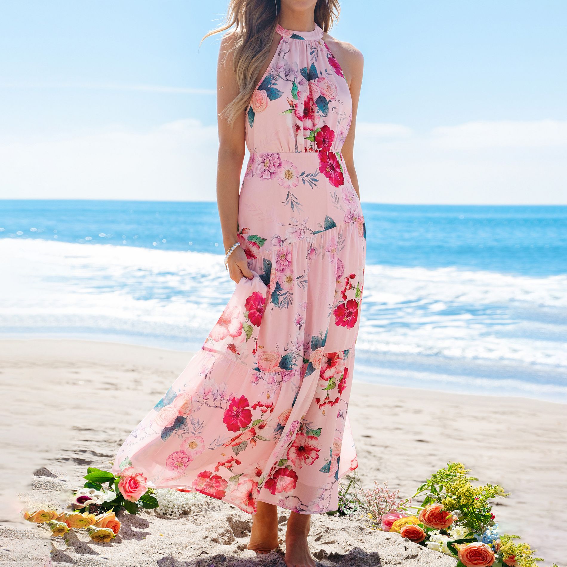 Women's Floral Halter Neck Tiered Ruffle Maxi Wedding Guest Dress -Cupshe