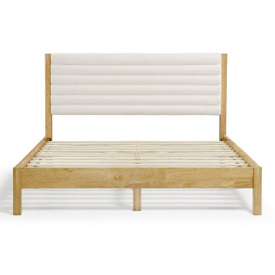 Natural Queen Platform Bed with Boucle Upholstered Headboard
