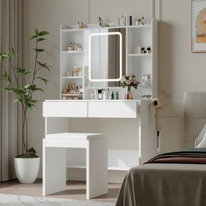 Vanity Desk with Mirror and Lights, Makeup Table for Bedroom, 3 Lighting Modes,Small Vanity Table Set with 2 Drawers, Hidden Storage Shelves - 1 of 4