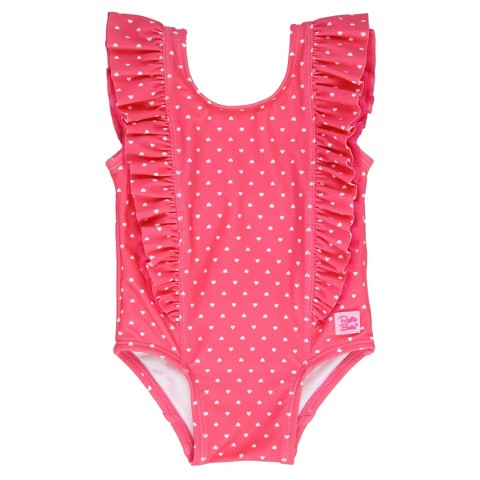 RuffleButts Toddler Girls Waterfall One Piece Swimsuit - Hot Pink Hearts, Size: 5