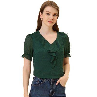Allegra K Women's Elegant Ruffle V Neck Short Sleeve Swiss Dots Chiffon Blouse
