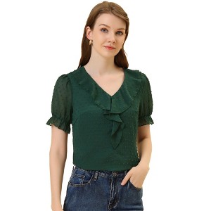 Allegra K Women's Elegant Ruffle V Neck Short Sleeve Swiss Dots Chiffon Blouse - 1 of 4
