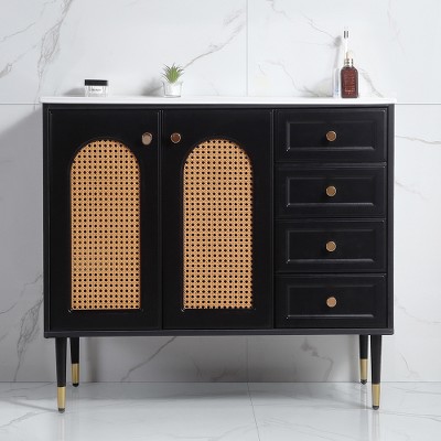 Lyngins 36" Bathroom Vanity with Sink – Drop-In Basin, Tapered Legs, Rattan Bathroom Storage Cabinet with Woven Hollowed-Out Doors & Drawer