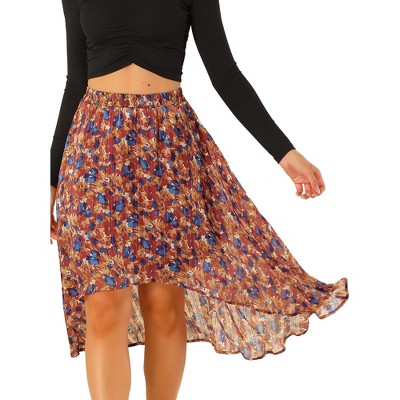 INSPIRE CHIC Women's High Low Hem Elastic Waist Lurex Chiffon A-Line Midi Floral Skirt