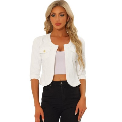INSPIRE CHIC Women's Collarless Pockets 3/4 Sleeve Denim Jackets