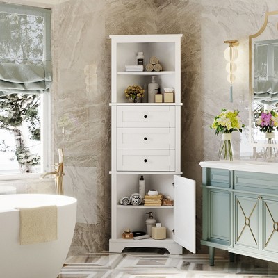 ROOMTEC Triangle Tall Cabinet with 3 Drawers and Adjustable Shelves, High Storage Cabinets for Bathroom, Kitchen