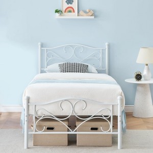 Twin Metal Bed Frame for Girls & Boys with Headboard, Strong Metal Slats Support, No Box Spring Needed Noise Free, White - 1 of 4